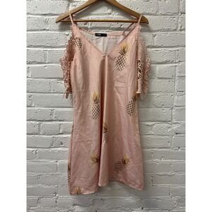 Pineapple Print Mini Dress Womens Large Blush Pink Tropical Cottagecore